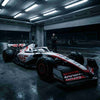Haas F1 blanche et rouge sous la pluie dans le pit lane nocturne, mécanicien bras croisés en arrière-plan, sol mouillé réfléchissant la voiture, ambiance tension et incertitude, article Ocon Haas 2026 verdict Ralf Schumacher