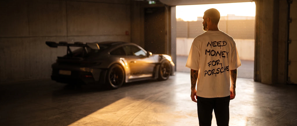Homme de dos en t-shirt Need Money For Porsche dans un garage, une 911 GT3 RS à contre-jour derrière lui