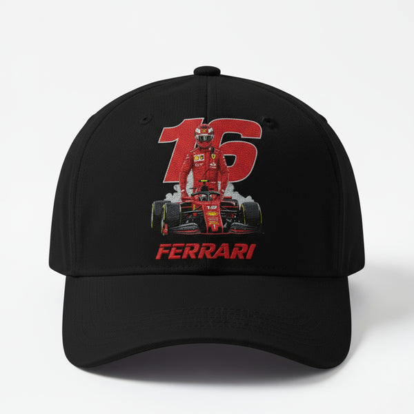 Casquette noire Charles Leclerc F1 – broderie numéro 16 Ferrari vue de face