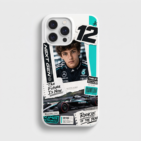 Coque iPhone blanche Tourismo Clothing collage Kimi Antonelli Next Gen Mercedes F1