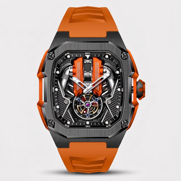 Montre moteur V12, bracelet orange