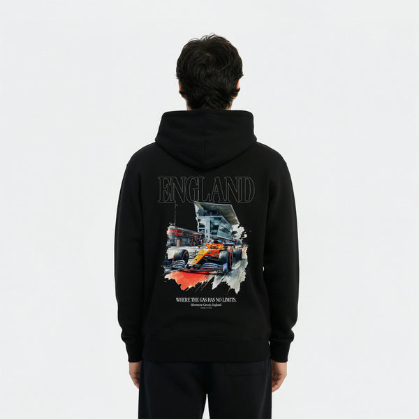 Sweat à capuche F1 Silverstone Circuit d’Angleterre noir vu de dos – visuel du tracé et Union Jack, Tourismo Clothing