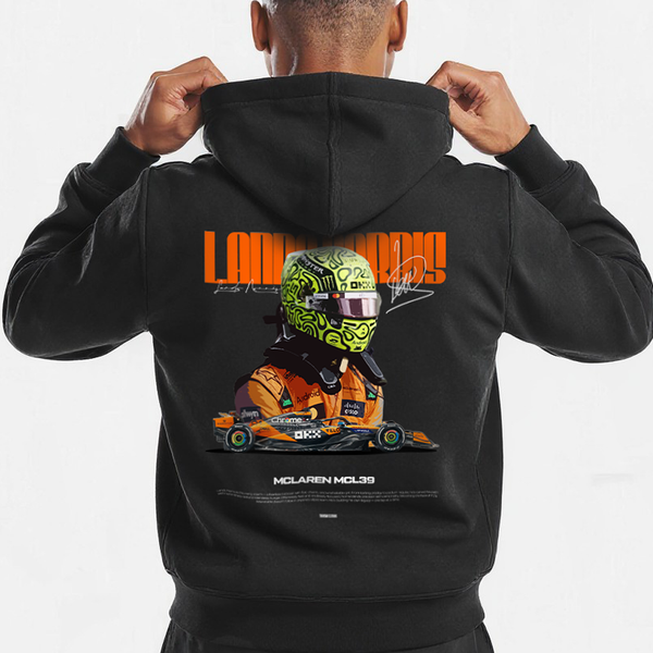 Sweat noir F1 Lando Norris Signature avec design imprimé dans le dos, mannequin vu de dos