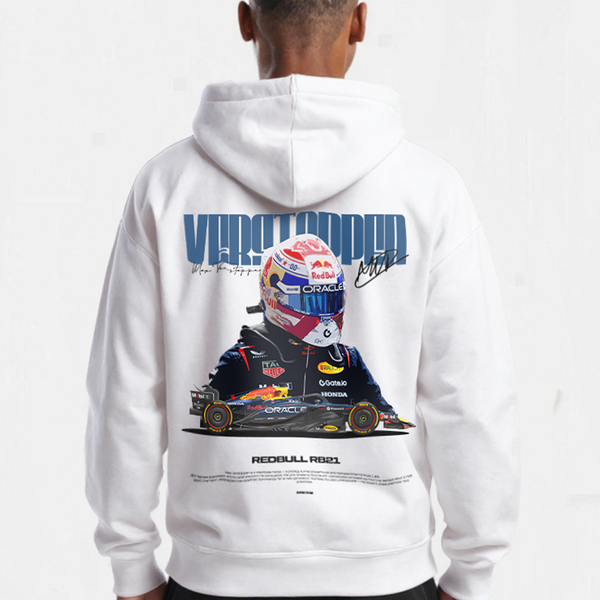 Gros plan du sweat blanc Max Verstappen Signature avec design Red Bull Racing et citation au dos