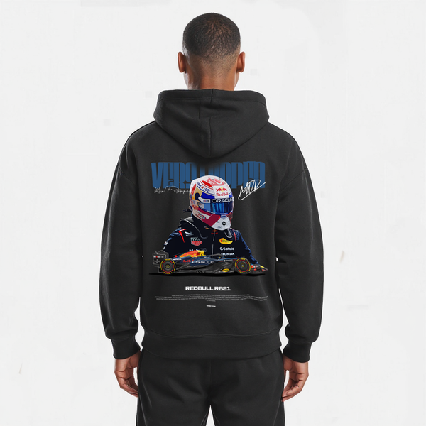 Sweat noir Max Verstappen Signature avec casque, monoplace RB21 et tagline imprimés dans le dos