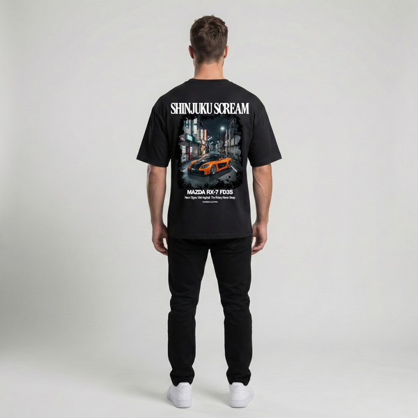 T-shirt Mazda RX-7 FD3S Shinjuku Scream noir, vue complète : tee oversize vêtement JDM premium, Tourismo Clothing