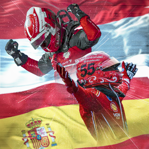 toile F1 Carlos Sainz sous la pluie avec drapeau espagnol rouge et or en arrière plan