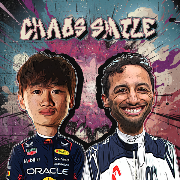 Toile F1 Chaos Smile Yuki Tsunoda et Daniel Ricciardo accrochée au mur, design explosif façon comics et street art vibrant