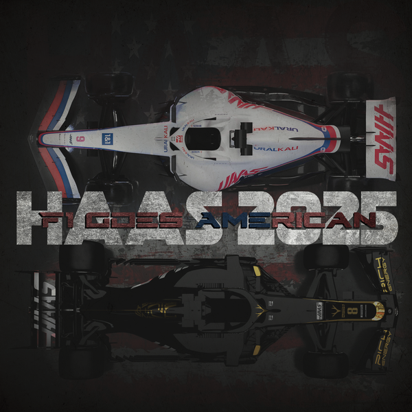 Illustration artistique F1 Haas avec livrée américaine et contraste sombre, style affiche murale