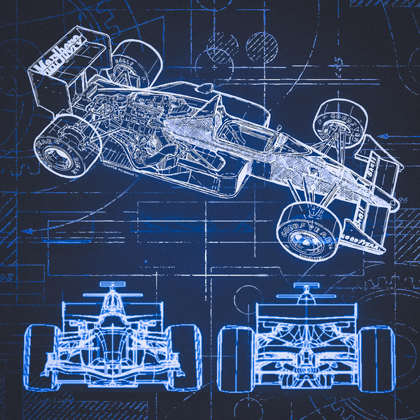 Toile F1 Plan Technique Monoplace en visuel produit, plan blueprint détaillé en bleu et blanc sur fond sombre, design technique et esthétique