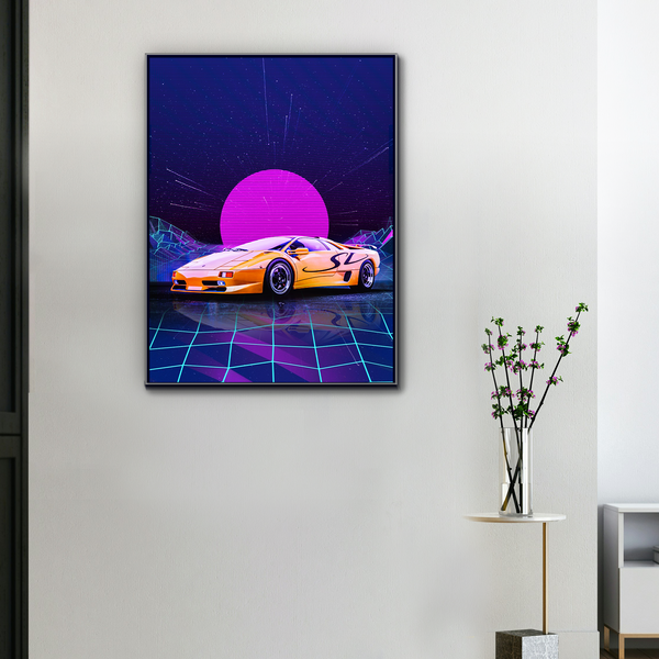 Toile Lamborghini Diablo SV style synthwave accrochée dans un intérieur moderne avec cadre noir