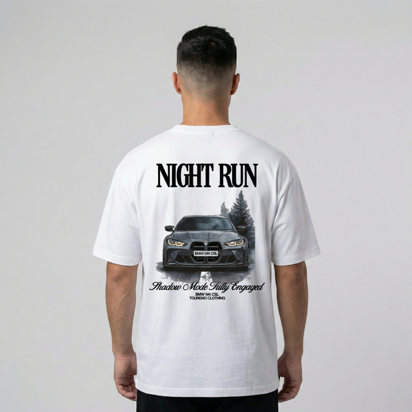 T-shirt BMW M4 Night Run blanc vue de dos avec grand imprimé Night Run