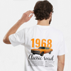 T-shirt blanc Chevy Nova 1968 avec voiture orange imprimée dans le dos