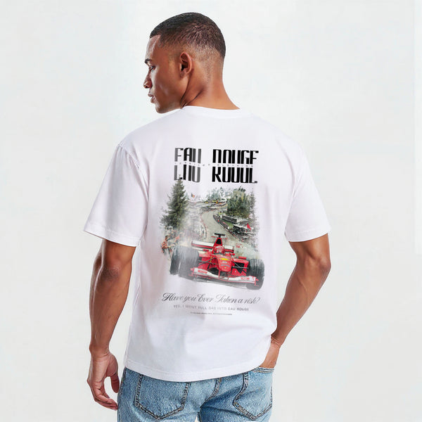 T-shirt blanc Spa Grand Prix avec design Eau Rouge et voiture de F1 rouge imprimée dans le dos