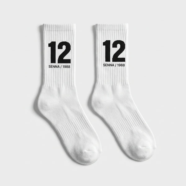 Chaussettes Ayrton Senna 12, saison 1988 blanc, la paire posée à plat