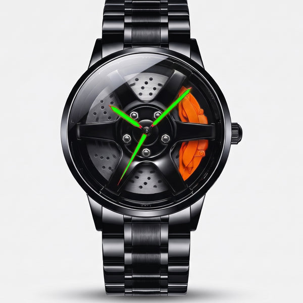 Montre Nissan Silvia S15, cadran jante, étrier orange, vue de face