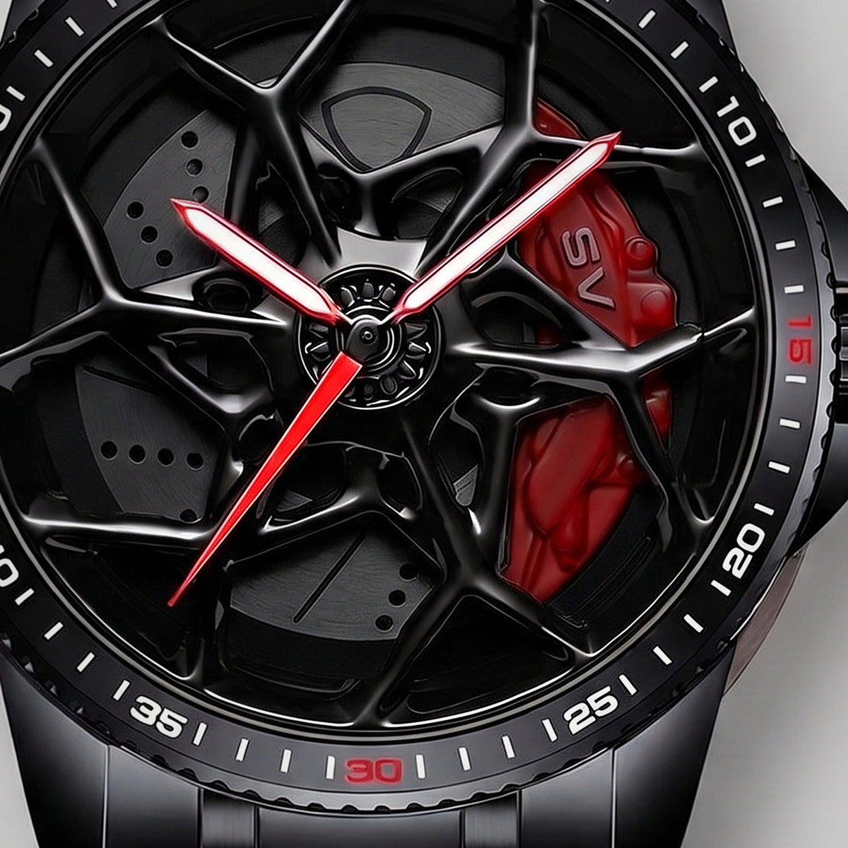 Close da roda e da pinça gravada SV, relógio Lamborghini SV