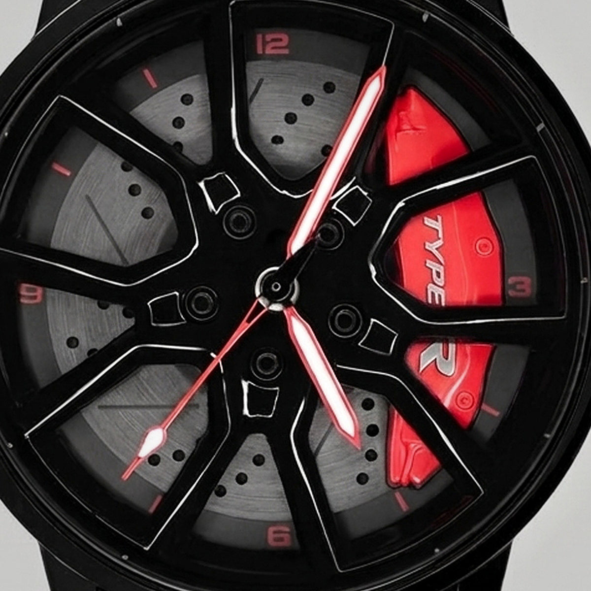 Close da roda e da pinça gravada TYPE R, relógio Honda Type R