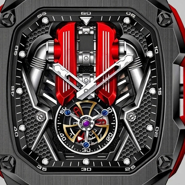 Gros plan sur le bloc moteur et le tourbillon, montre moteur V12