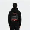 Sweat à capuche Ferrari Testarossa noir vu de dos – visuel rouge iconique et typographie vintage