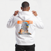 Sweat blanc F1 Oscar Piastri Signature, gros plan sur le design dos avec casque multicolore et monoplace McLaren
