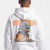 Sweat blanc F1 Oscar Piastri Signature, gros plan sur le design dos avec casque multicolore et monoplace McLaren