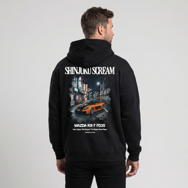 Sweat Mazda RX-7 FD3S Shinjuku Scream noir, vue dos : design cinématographique JDM, Tourismo Clothing