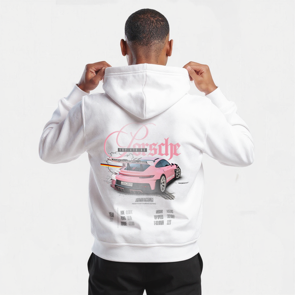 Sweat blanc Porsche 992 GT3 RS Performance avec design imprimé dans le dos, tracé Nürburgring et données techniques