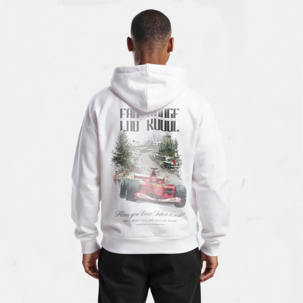 Sweat blanc Spa Grand Prix Édition avec design Eau Rouge et voiture de F1 rouge imprimée dans le dos
