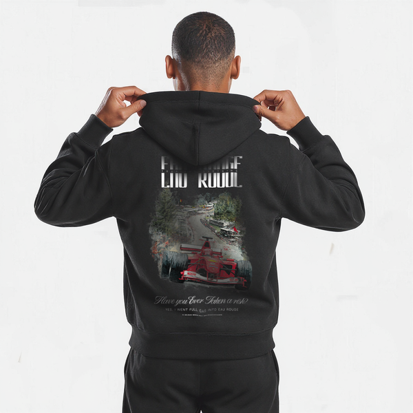 Sweat noir Spa Grand Prix Édition avec design Eau Rouge et voiture de F1 rouge imprimée dans le dos