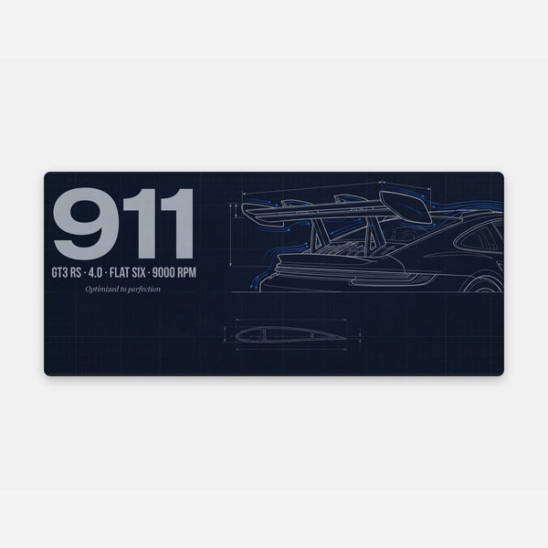 Tapis de souris Porsche 911 GT3 RS, aileron, vue carrée du tapis posé à plat.