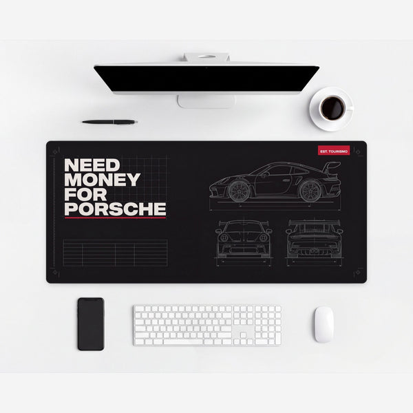 Tapis de souris Need Money For Porsche, plan coté, mise en situation carrée sur un bureau clair.