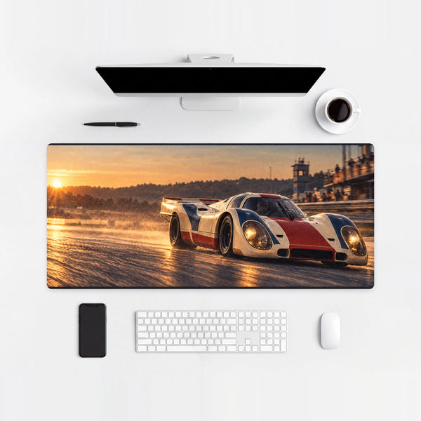 Mousepad Porsche 917K Le Mans 1970, sobre uma mesa clara com computador, teclado e mouse
