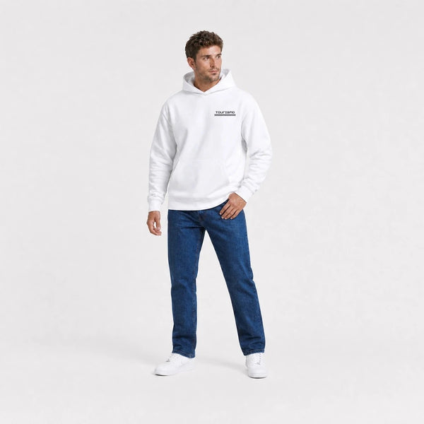 Sweat Jaguar D Type Le Mans N6 Born For Le Mans blanc vu de face en plan large avec logo Tourismo