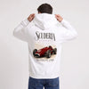 Sweat Maserati 250F Scuderia Elegance blanc à capuche, monoplace rouge vue de dos
