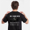 T-shirt noir Mercedes C63 Black Series avec design imprimé dans le dos, mannequin vu de dos en jean bleu